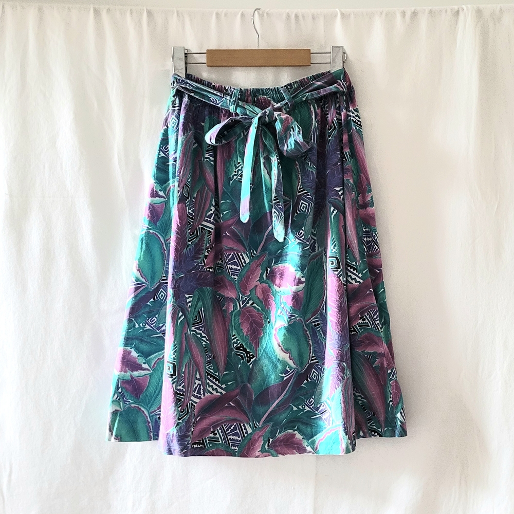 Summery Tropical Print Midi Skirt in Teal & Purple